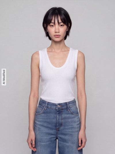 Vrouwenmodel draagt wit Slim Fit Top uit katoenmix van GAP, effen stof, lichte structuur, Dames top, Ganzichaanszicht van voren, KI-modified beeld