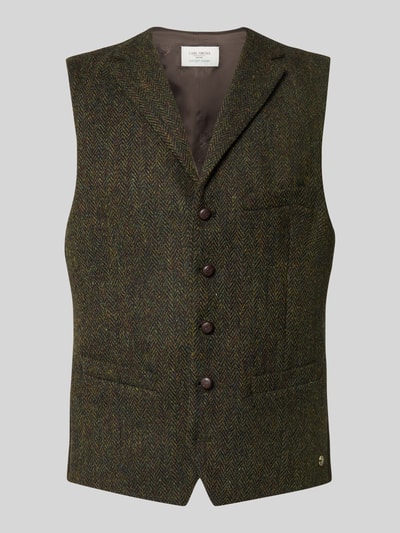 Productfoto, Weste met borstpaszak model 'Warner' van Carl Gross, zuiver wol, regular fit, reverskraag, knopenrij, zijpaszakken, labeldetail, donkerbruine en groene visgraat, lichte textuur