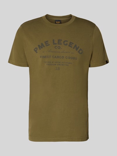 Produktfoto, olivgrünes Regular Fit T-Shirt mit Logo-Print von PME Legend, reine Baumwolle, Rundhalsausschnitt, Rückenlänge 74 cm Größe M.