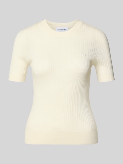 Produktfoto, Regular Fit Strick-Shirt aus reiner Wolle von Lacoste, look: effen, gestikt logo, ronde hals, korte mouw, riblook, dames knitwear, fijne structuur, materiaal: wol