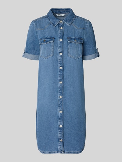 Produktfoto, Körpernahes Jeanskleid aus Baumwoll-Viskose-Mix Modell 'LISA' von ONLY, niebieski denim, krótki rękaw, mini, V-dekolt, kieszenie na piersi