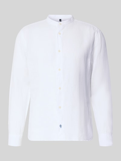Produktfoto, Slim Fit Leinenhemd aus reinen Leinen mit Stehkragen von OLYMP Level Five, weiß, durchgehende Knopfleiste, sportliche Manschetten, feine Textur, glatte Oberfläche, langärmliges Design.