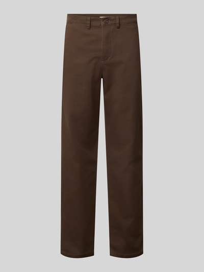 Produktfoto, dunkelbraune Gerade-Hose, glatte Struktur, mittelhoher Bund, Straight Fit Chino aus Baumwoll-Mix Modell 'Miles' von Selected, Herren Chino