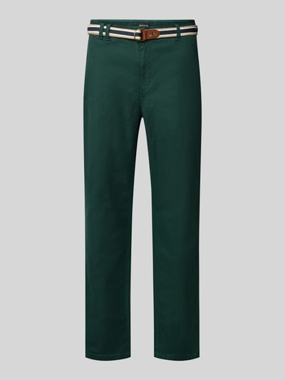Produktfoto, Hose mit Gürtel Modell 'WARREN' von Scotch & Soda, Mieszanka bawełny i elastanu, krój regular fit, wpuszczane kieszenie, kieszenie z tyłu, pasek, Szerokość w rozmiarze 32/32: 44 cm, Długość wewnętrzna nogawki: 82 cm, zielony kolor, gładka tekstura