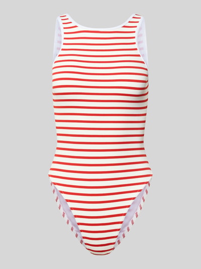 Produktfoto, Badeanzug mit rückseitigem Cut Out Modell 'LUNELY NAUTICAL' von Banana Moon mit roten und weißen Streifen, Feinripp-Textur, Material-Mix mit Stretch-Anteil, Rundhalsausschnitt, breite Träger, Rückseite mit Cut-Out und Label-Patch.