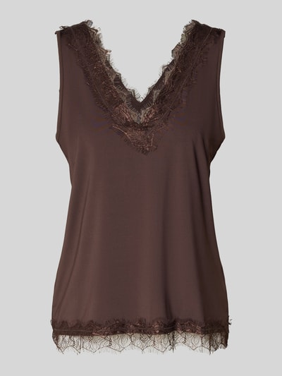 Productfoto, Regular fit top met kanten afwerking model 'Bicco' van FREE/QUENT, elastische materiaalmix, mouwloos, V-hals, bruin