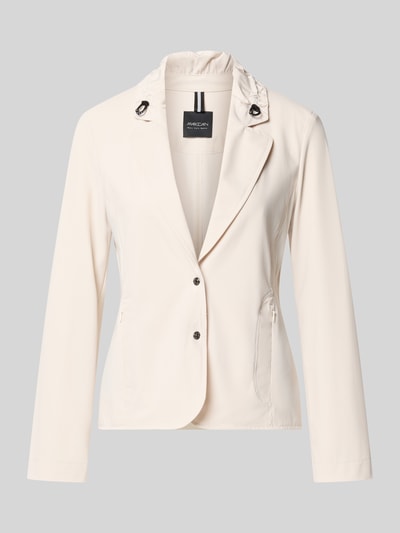 Produktfoto, Slim Fit Blazer mit Stretch-Anteil van Marc Cain in crème, elastische materiaalmix, Reverskraag met tunnelkoord, knoopsluiting, ritszakken, ruglengte maat 36: 25 cm, borstwijdte maat 36: 43 cm, mouwlengte maat 36: 63 cm