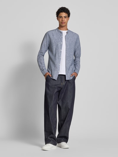 Only & Sons Slim Fit Leinenhemd mit Stehkragen Modell 'CAIDEN' Dunkelblau 1