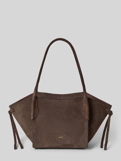 Produktfoto, Shopper aus echtem Leder Modell 'VIBE' von Abro in Braun, metallic Label-Detail, seitliche Bindebänder, strukturierte Oberfläche