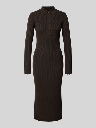 Produktfoto, sukienka z dzianiny z efektem prążkowania, kołnierzyk polo, listwa guzikowa, krój podkreślający figurę, model 'AMARILA' od DRYKORN, sukienka midi, długość tyłu w rozmiarze S: 122 cm, szerokość w rozmiarze S: 35 cm, długość rękawów w rozmiarze S: 66 cm