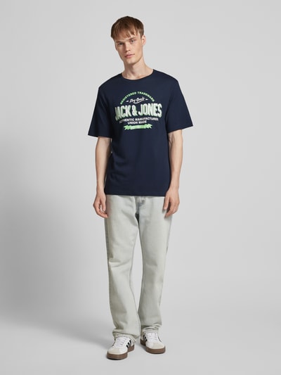 Jack & Jones T-shirt met labelprint, model 'ELOGO' Marineblauw - 1