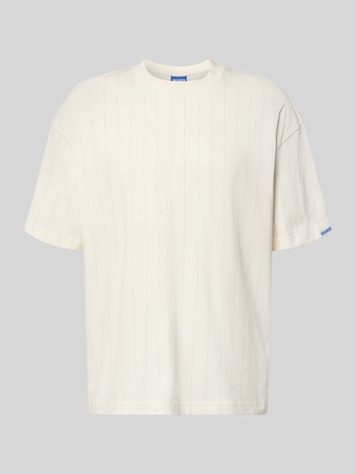 Produktfoto, Regular Fit T-Shirt aus reiner Baumwolle Modell 'NORAYATI' von Hugo Blue mit Allover-Streifenmuster, Rundhals, kurzarm, cremeweiß, glatte Jersey-Textur, Label Smiley Print.
