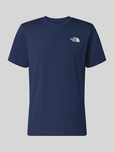 Produktfoto, Regular Fit T-Shirt aus Baumwoll-Mix Modell 'EVOLUTION' von The North Face in Dunkelblau mit Rundhalsausschnitt, Label-Detail auf der Brust. Herren T-Shirt, Rückenlänge bei Größe M: 70 cm