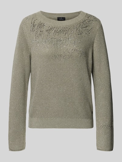 Produktfoto, Strickpullover mit Ziersteinbesatz van monari in katoenmix, regular fit, ronde hals, grijs met fijne textuur, decoratieve steentjes