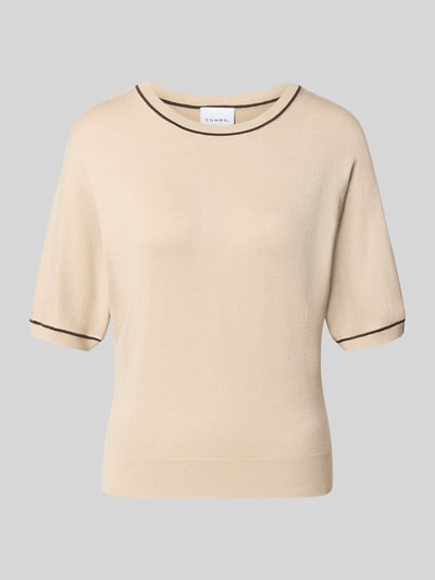 Produktfoto, Regular Fit Pullover aus Viskose-Mix in Tricotlook van comma, zandkleurig met ronde hals en 1/2-mouwen, dames, ruglengte maat 36: 49 cm, mouwlengte 25 cm