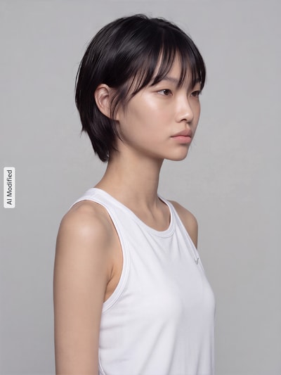 Frauenmodel trägt weißes Slim Fit Sport-Top mit Logo-Print Modell 'Tempo' von Nike, Damen Sport-Top von Nike Training, Nahaufnahme Oberkörper, KI-modifiziertes Bild.