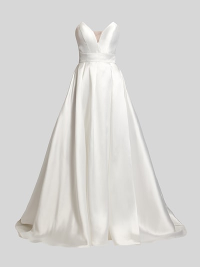 Produktfoto, Regular Fit Brautkleid mit ozdobna listwa guzikowa od Luxuar, satyna, krój regular fit, taliowany, bez rękawów, zamek błyskawiczny, szerokość w biuście 33 cm, długość tyłu 202 cm, rozmiar 36, biała gładka powierzchnia, delikatne załamania, lekko połyskująca tekstura.