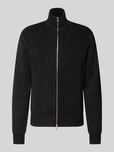 Productfoto, Strickjacke aus reiner Baumwolle mit Stehkragen Modell 'MATTHEW' van Redefined Rebel, zwart met ribstructuur, slim fit, tweewegritssluiting, langemouwen, ribboorden, opstaande kraag, puur katoen.
