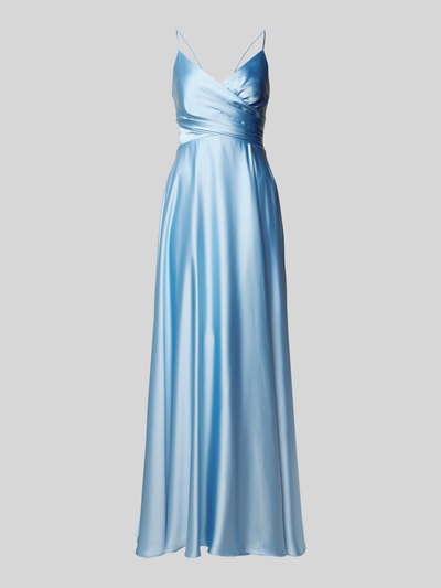 Productfoto, 'Abendkleid in Wickel-Optik' van Jake*s Cocktail in lichtblauw satijn, getailleerde fit, V-hals, spaghettibandjes, maxilengte, rugveter, ritssluiting, lengte 130 cm, borstwijdte 34 cm