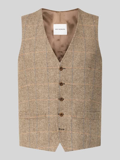 Produktfoto, Regular Fit Weste aus reiner Viskose mit Paspeltaschen von Roy Robson, beige, V-Ausschnitt, durchgängige Knopfleiste, Fischgrätmuster