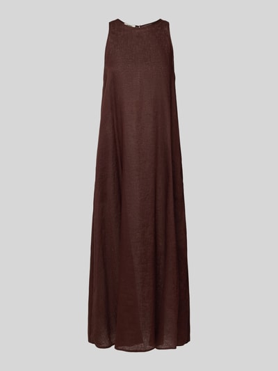 Produktfoto, Midikleid aus Leinen mit Rundhalsausschnitt Modell 'UKARA' von ECOALF in Dunkelbraun, A-Linie, feine Leinenstruktur.