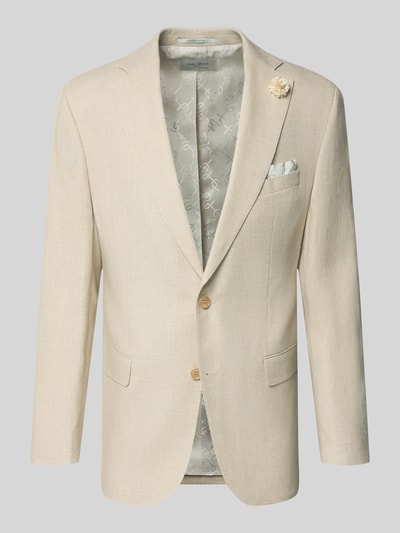 Produktfoto, Regular Fit Anzugjacke aus Leinen-Mix Modell 'Tannon' von Carl Gross in Beige mit Reverskragen, floraler Zierbesatz, Einstecktuch, Pattentaschen und 2-Knopfleiste, Leinen-Mix mit Woll- und Viskose-Anteil, Rückenlänge 75 cm, Schulterbreite 42 cm, Ärmellänge 64 cm.