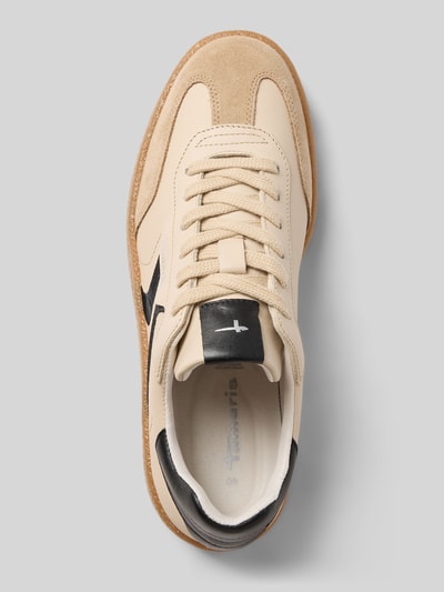 Produktfoto, Low Top Sneaker aus echtem Rindsleder von Tamaris, jednolity kolor, imitacja skóry, noski okrągłe, płaska podeszwa, napis z logo, szwy, wiązanie, fakturowana podeszwa, skóra gładka i skóra welurowa