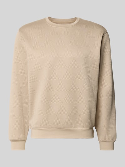 Produktfoto, Sweatshirt im Allover-Look mit Rundhalsausschnitt von GUESS in Beige mit feiner Struktur, reine Baumwolle, Regular Fit