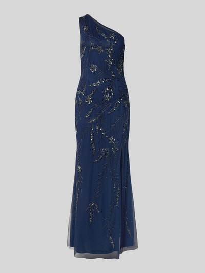 Produktfoto, Regular Fit Abendkleid mit floralem Allover-Stitching von Adrianna Papell, asymetryczny krój, krój na jedno ramię, obszycie ozdobnymi kamieniami, halka pod spódnicę, długość tyłu w rozmiarze 36: 135 cm, szerokość w rozmiarze 36: 42 cm, granatowy kolor, delikatny haft, lekki połysk, tekstura zwiewna