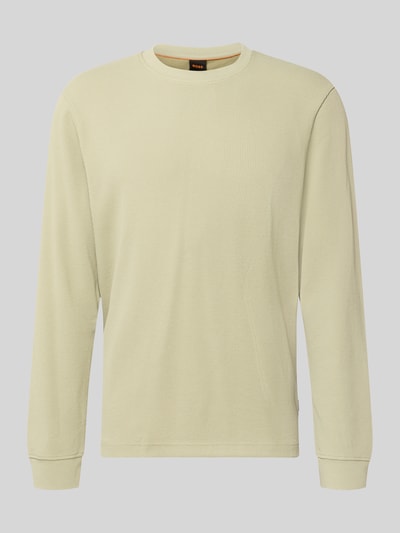 Produktfoto, cremefarbenes Regular Fit Langarmshirt aus Baumwoll-Mix Modell 'We_Tempest' von BOSS Orange, feine Rippstruktur erkennbar, Herren Langarmshirt von BOSS