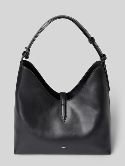 Produktfoto, czarna Handtasche mit Tragehenkel Modell 'GOCCIA' von FURLA, gładka faktura, szerokość w rozmiarze 1: 28 cm, długość: 30 cm, głębokość: 16 cm, długość paska na ramię: 50 cm