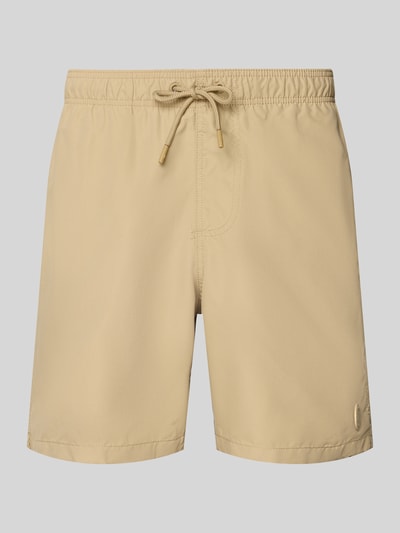 Produktfoto, Badehose mit Label-Patch Modell 'Mike' von Shiwi in Beige, elastischer Bund mit Kordelzug, Gesäßleistentasche, Loose Fit