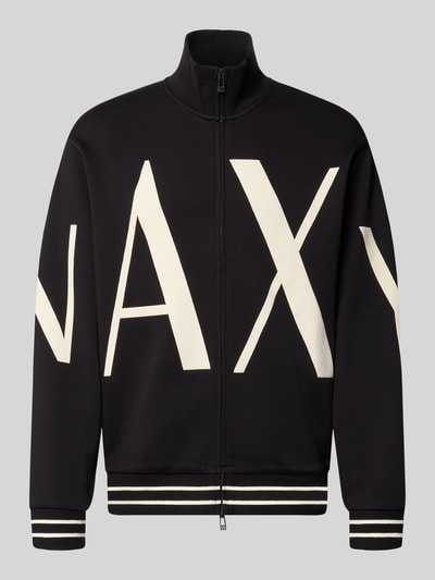 Produktfoto, Sweatjacke aus Baumwoll-Mix von Armani Exchange in Schwarz mit weißem Label-Print, Zwei-Wege-Zipper, gerippte Abschlüsse, lockere Passform