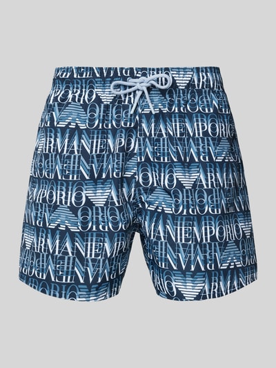 Emporio Armani Regular Fit Badeshorts mit Label-Print Blau 1