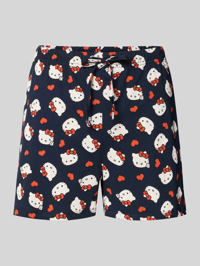 Produktfoto, Regular Fit Pyjama-Shorts mit Allover-Motiv-Print von Jake*s Casual in Dunkelblau mit weißen, roten und schwarzen Elementen, reine Baumwolle, Elastischer Bund mit Tunnelzug