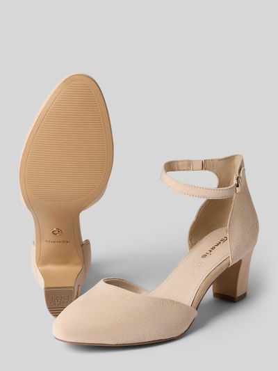 Produktfoto, Pumps aus echtem Leder von Tamaris w kolorze beżowym, zaokrąglony nosek, blokowy obcas, z nubuku, tłoczone logo, podeszwa z fakturą, zapięcie na klamerkę