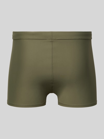 Produktfoto, Slim Fit Bade-Trunks mit Logo-Detail von Calvin Klein Underwear in Olivgrün, elastischer Bund, glatte Textur, Rückansicht.