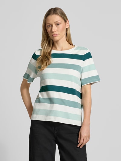 Vrouwenmodel draagt Relaxed Fit T-Shirt uit pure katoen van Tom Tailor, mintgroen gestreept, korte mouw, ronde hals, vooraanzicht,