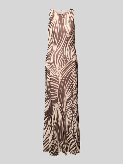 Produktfoto, Maxikleid mit rückseitigem Schlüsselloch-Ausschnitt von Guess, Modell SERAFINA, braun-beige Muster, ausgestellter Schnitt, blickdichtes Unterkleid, Stretch-Material-Mix, Rundhalsausschnitt, breite Träger