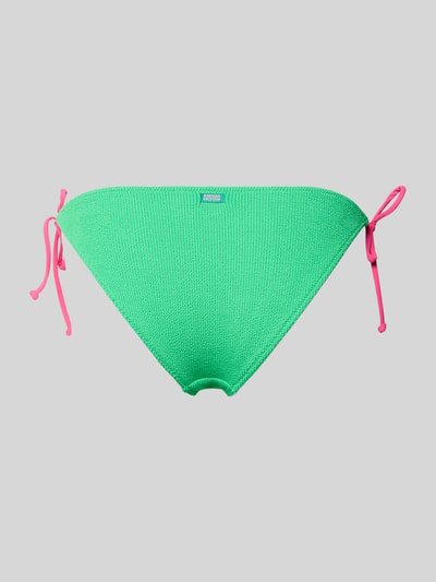 Produktfoto, Bikini-Slip mit Label-Detail Modell 'LENKA' von Banana Moon in Grün mit pinkem Schnürverschluss, Material-Mix mit Stretch-Anteil, körpernaher Schnitt