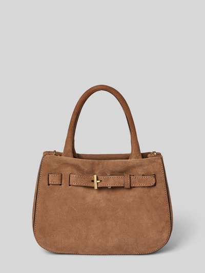 Produktfoto, braune Handtasche aus Leder mit Label-Detail Modell 'JILL' von Abro, goldener Magnetverschluss, strukturierte Oberfläche
