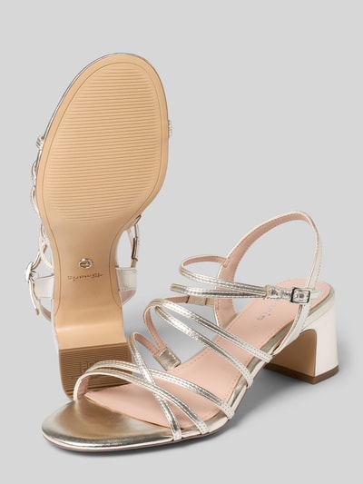Produktfoto, Sandaletten aus echtem Leder von Tamaris in glänzender Optik, abgerundete Schuhspitze, Blockabsatz, strukturierte Sohle, silberne Riemen