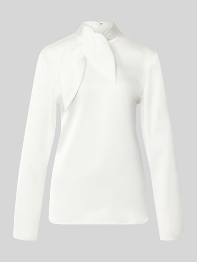 Produktfoto, Regular Fit Bluse aus Satin von Emporio Armani in Weiß, Stehkragen, langärmeliges Design, glatte Textur, neutraler Hintergrund