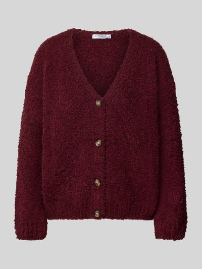Produktfoto, Relaxed Fit Strickjacke aus Woll-Viskose-Mix Modell 'Sofia' von ZABAIONE in Bordeaux mit Knopfleiste, strukturierte Oberfläche, Damen Strickjacke, V-Ausschnitt, langärmelig, Rückenlänge 62 cm, Ärmellänge 45 cm