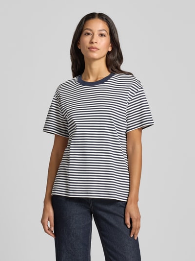 Stefanel T-shirt ze wzorem w paski i okrągłym dekoltem Błękitny melanż 4