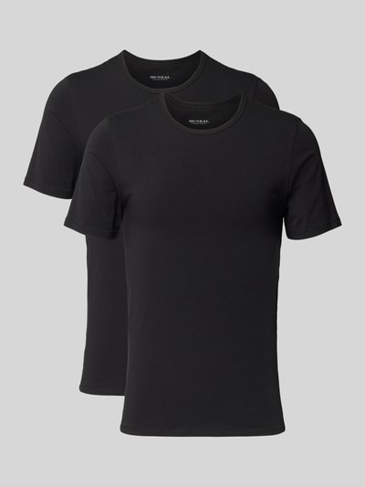 Produktfoto, zwei schwarze Herren T-Shirt mit Rundhalsausschnitt von MCNEAL, Baumwoll-Elasthan-Mix, Slim Fit, schlichte Optik, glatte Struktur.