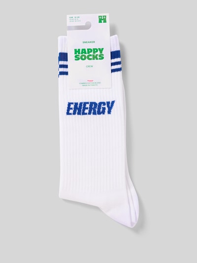 Produktfoto, Socken aus Baumwoll-Mix Modell 'ENERGY' von Happy Socks in Weiß mit blauen Streifen, elastischem Rippenbündchen und Label-Detail