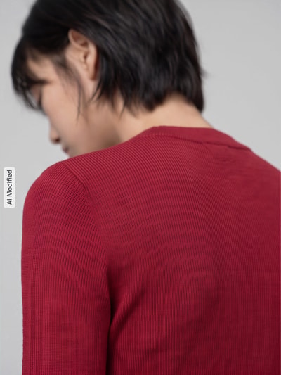 Vrouwenmodel draagt rode pullover van geribbelde stof, Slim Fit Pullover aus Woll-Mix mit Lyocell-Kaschmir-Anteil model 'Sallya' van HUGO, Dames pullover, detailopname schouderpartij, KI-modified beeld