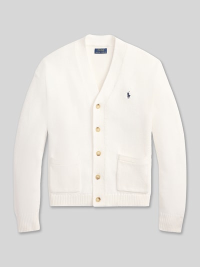 Produktfoto, Regular Fit Strickjacke aus reiner Baumwolle von Polo Ralph Lauren in Uni Weiß, V-Ausschnitt, Knopfleiste, Logo-Stitching, gestrickte Textur