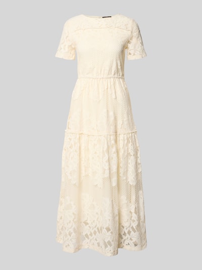 Produktfoto, cremefarbenes Midikleid aus Spitze mit Rundhalsausschnitt, A-Linie, feine Textur, Zero, Baumwoll-Mix